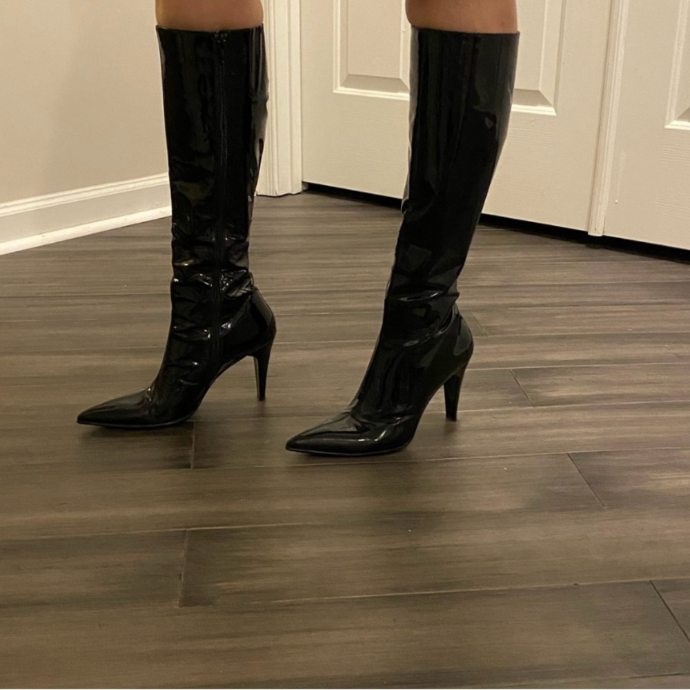 NIB Kemal Tanca Black Patent Leather Knee-High Boots - Size 9.5
